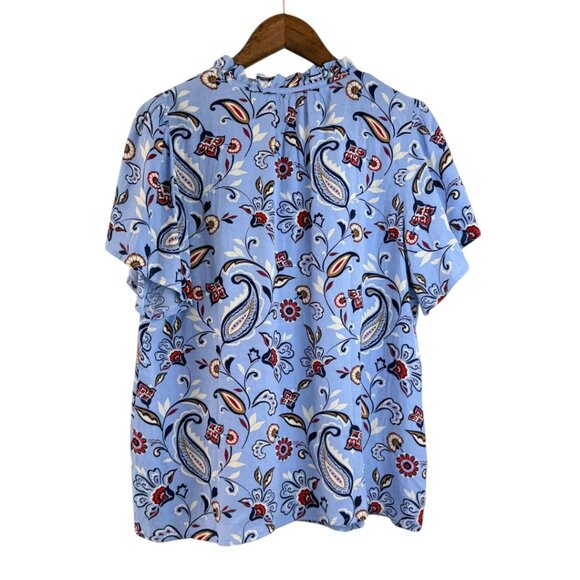 LOFT Blue Paisley Floral Ruffle Neck Flutter Sleeve Blouse Top XS - Picture 3 of 5